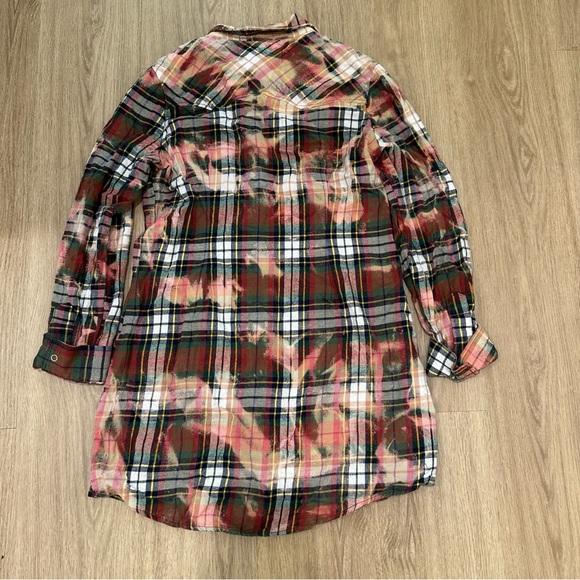 The Au Vintage Shacket Plaid Button Down Distressed Long Top - Picture 5 of 5